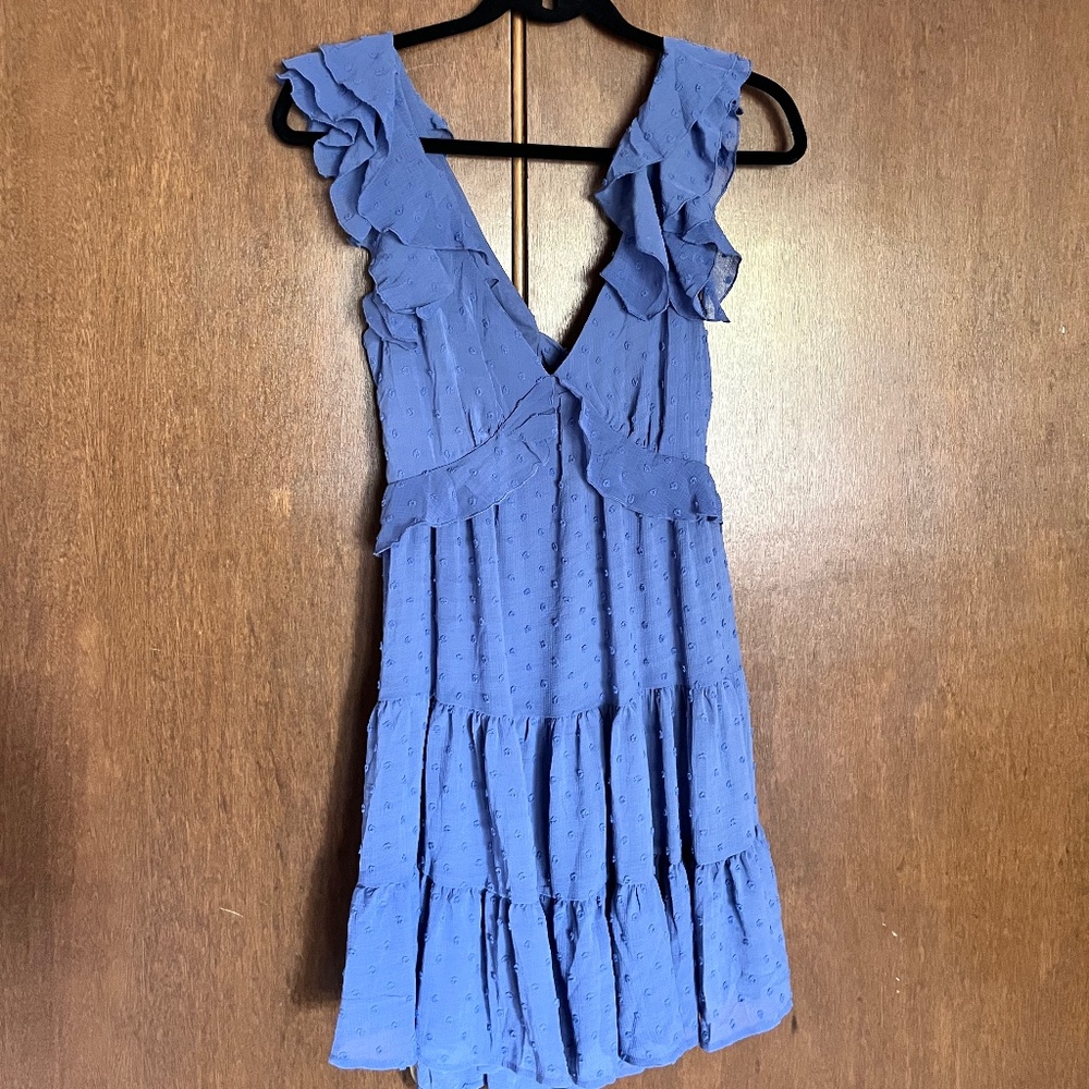 Francesca’s blue, open back mini dress